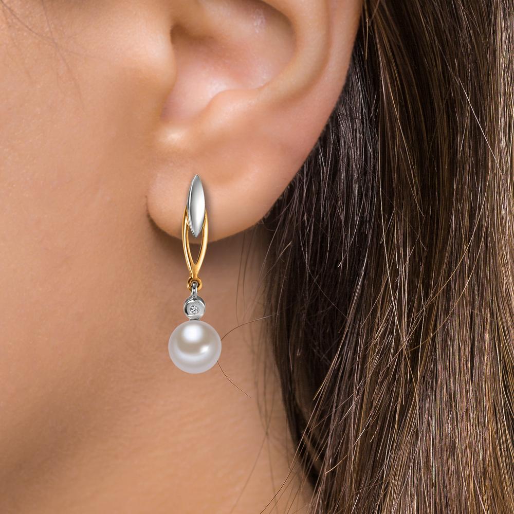 Drop Earrings 9k Yellow Gold Diamond 0.01 ct, 2 Stones, w-si Freshwater pearl White, 2 Pearls 6-6.5 mm