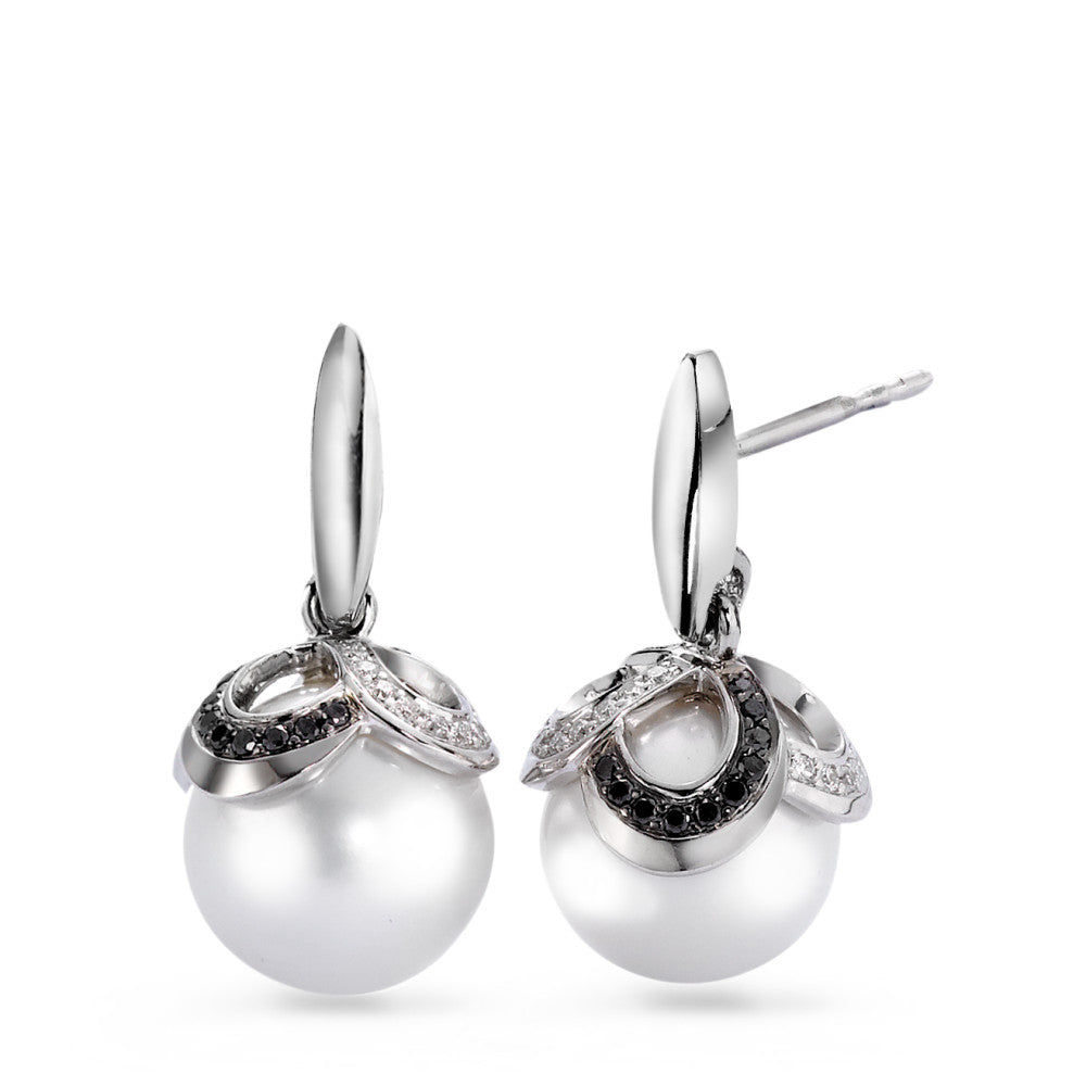 Drop Earrings 18k White Gold Diamond Black, 0.32 ct, 80 Stones, brilliant, tw-vsi Freshwater pearl White, 2 Pearls, 10 mm