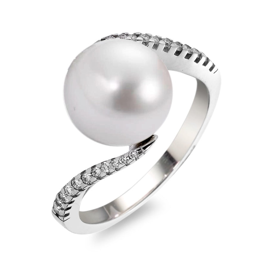 Ring 18k White Gold Diamond White, 0.15 ct, 22 Stones, brilliant, w-si Freshwater pearl, 22 Pearls, 9.5 mm