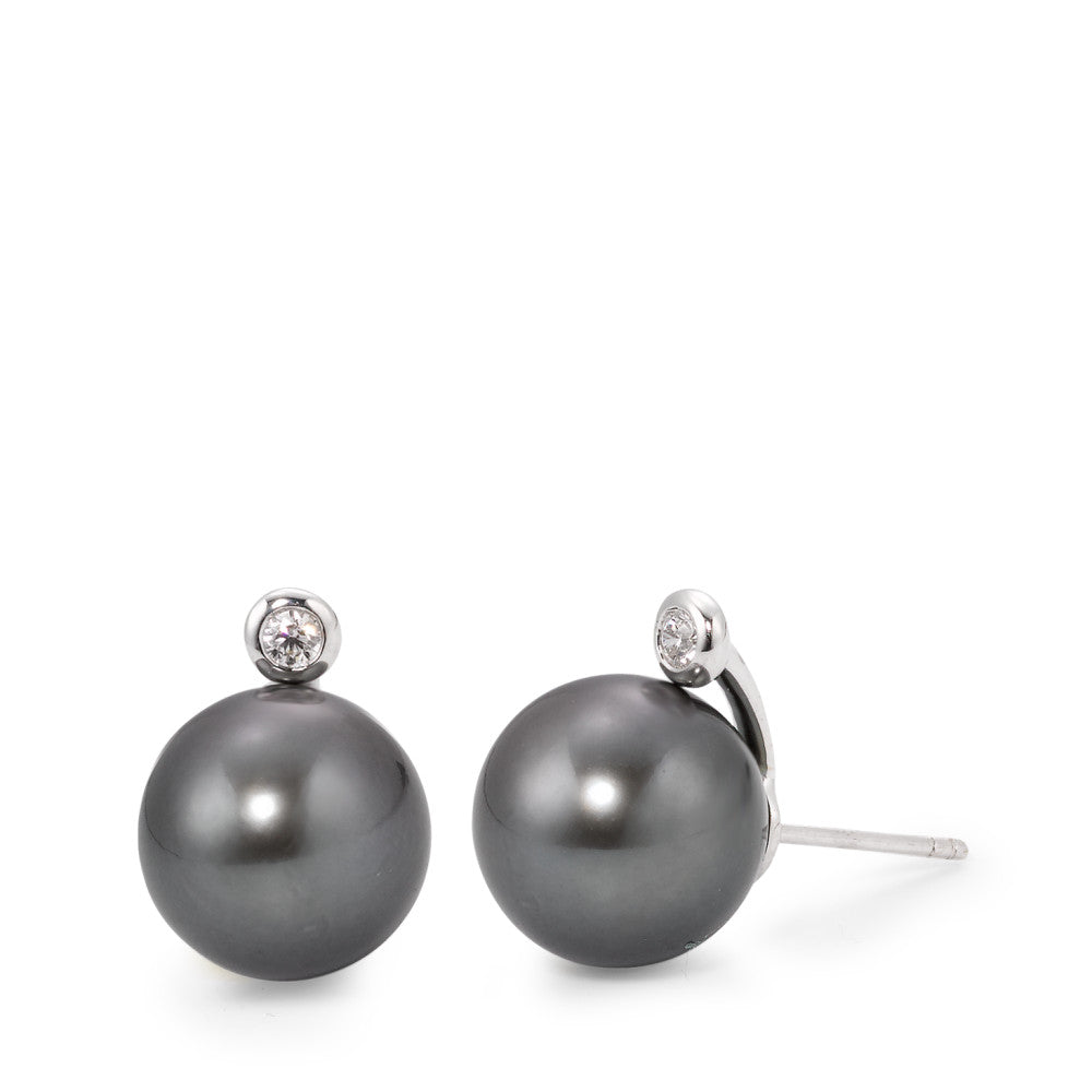 Stud earrings 18k White Gold Diamond 0.09 ct, 2 Stones, w-si Tahitian pearl Gray, 2 Pearls, 12 mm