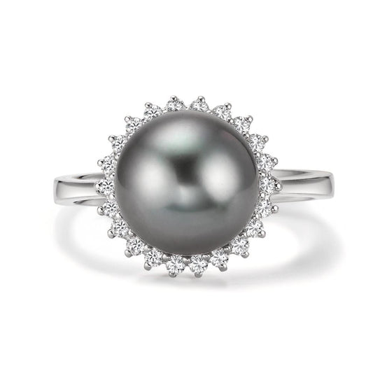Ring 18k White Gold Diamond 0.27 ct, 22 Stones, w-si Tahitian pearl Gray, 10 mm