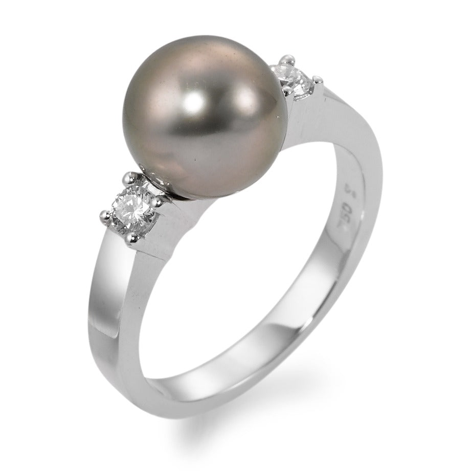 Ring 18k White Gold Diamond 0.20 ct, 2 Stones, w-si Tahitian pearl, 9.5 mm