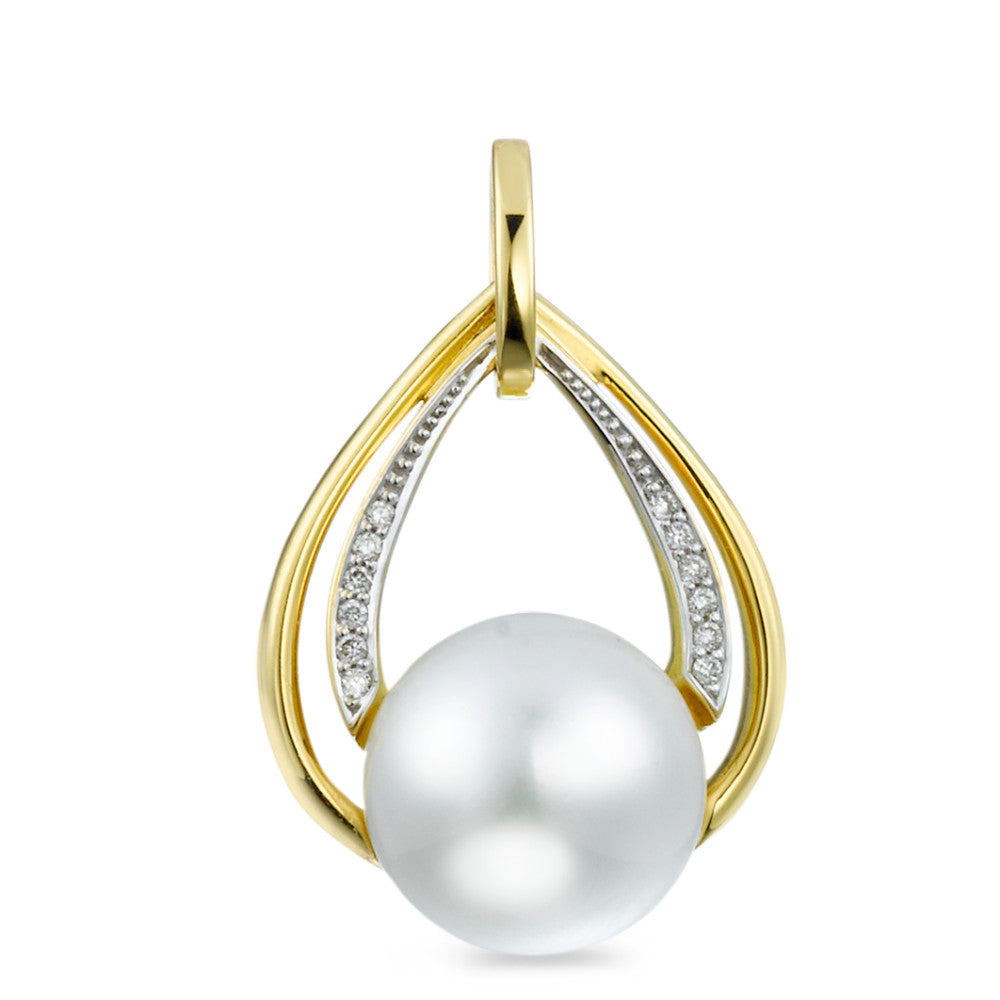 Pendant 18k Yellow Gold Diamond 0.05 ct, 12 Stones, brilliant, w-si Freshwater pearl White, 10.5 mm