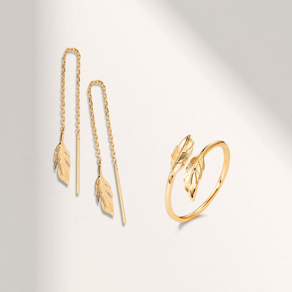 Threader Earrings Bronze Yellow Gold plated Feather