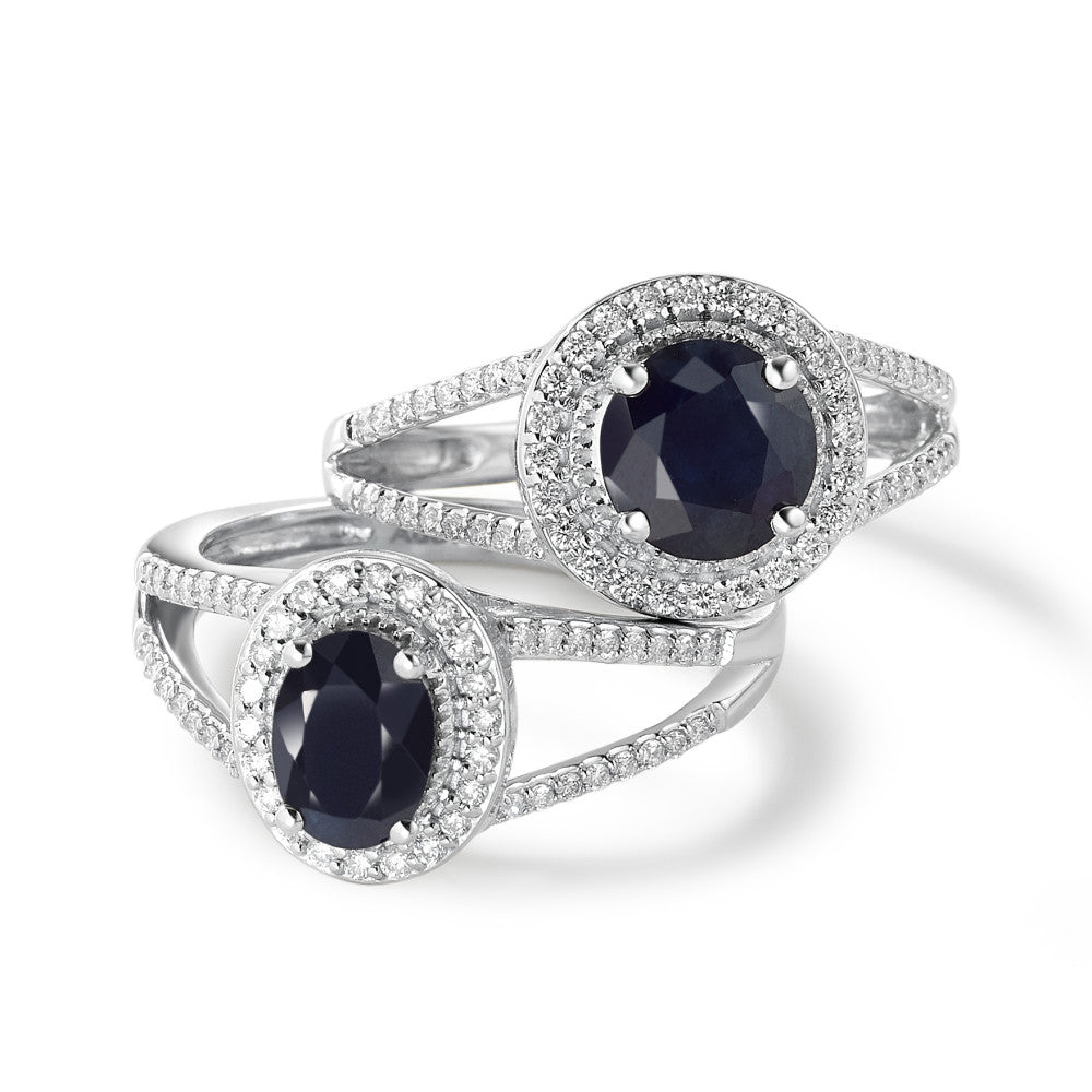 Ring 9k White Gold Sapphire Blue, 1.76 ct, round, AAA, Diamond White, 0.23 ct, 12 Stones, w-pi3