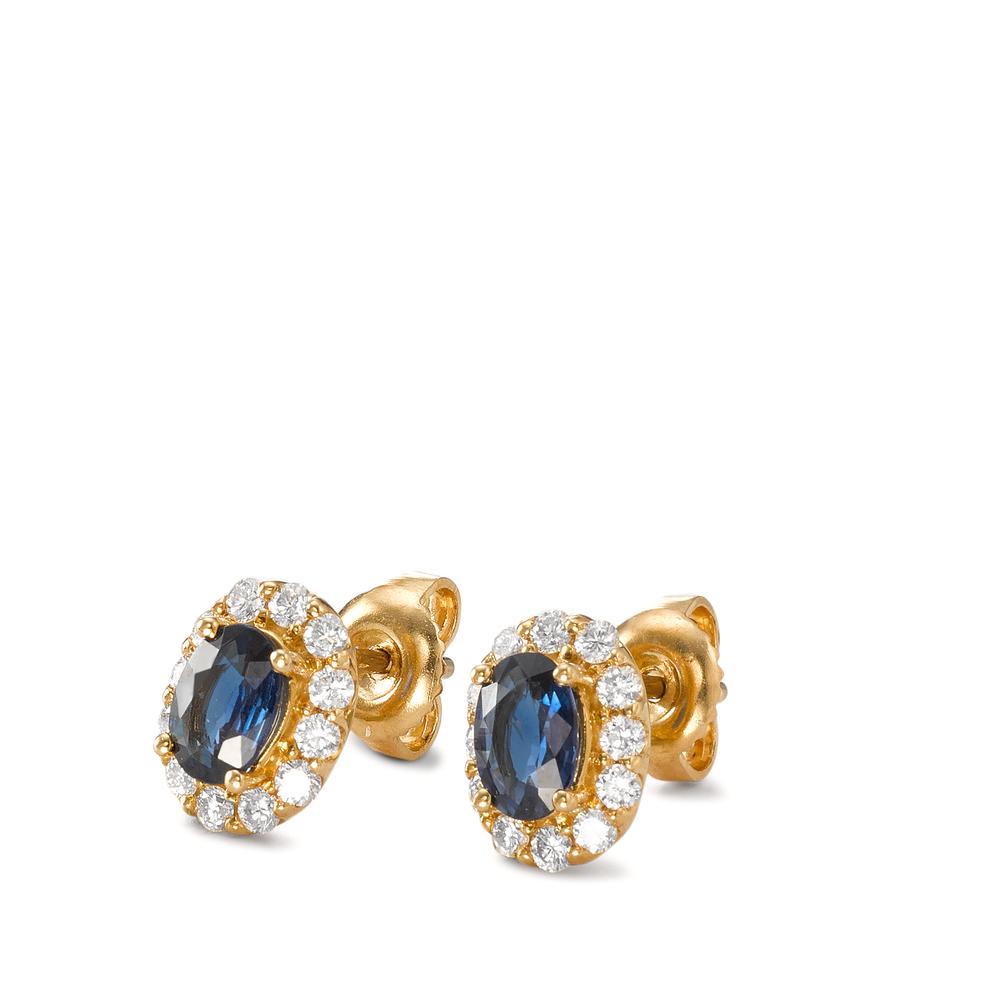 Stud earrings 18k Yellow Gold Sapphire 2 Stones, Diamond 0.44 ct, 24 Stones, brilliant, w-si