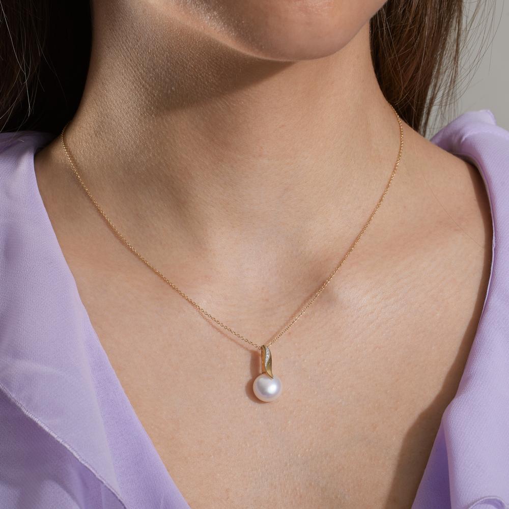 Necklace with pendant 18k Yellow Gold, 18k White Gold Diamond White, 0.01 ct, 2 Stones, brilliant, w-si Freshwater pearl White, 10 mm 40-42 cm