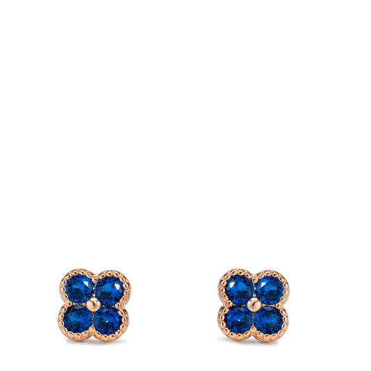 Stud earrings Silver Zirconia Sapphire blue, 8 Stones Rose Gold plated Flower Ø7.5 mm