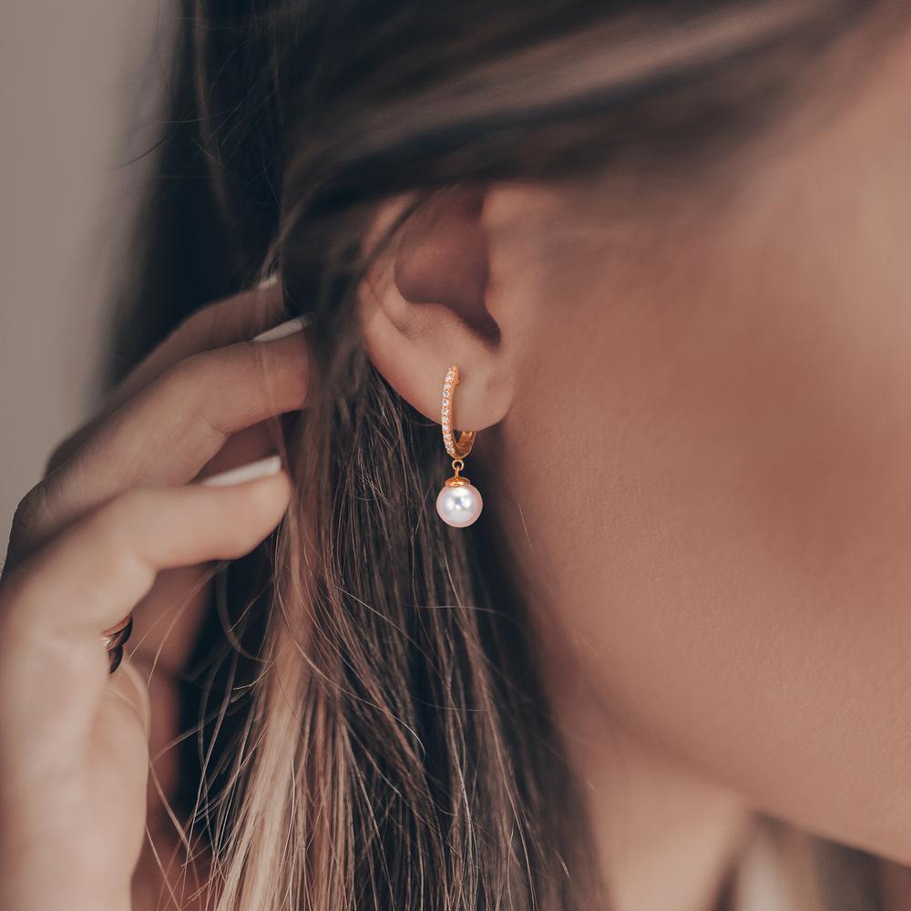 Hinged hoop 18k Red Gold Diamond 0.09 ct, 22 Stones, tw-si Akoya pearls, 2 Pearls 6-6.5 mm