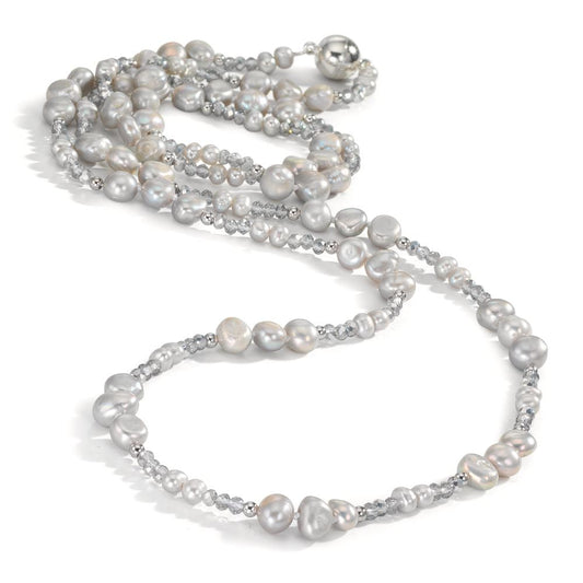 Necklace Stainless steel Crystal Gray Freshwater pearl Gray 90 cm