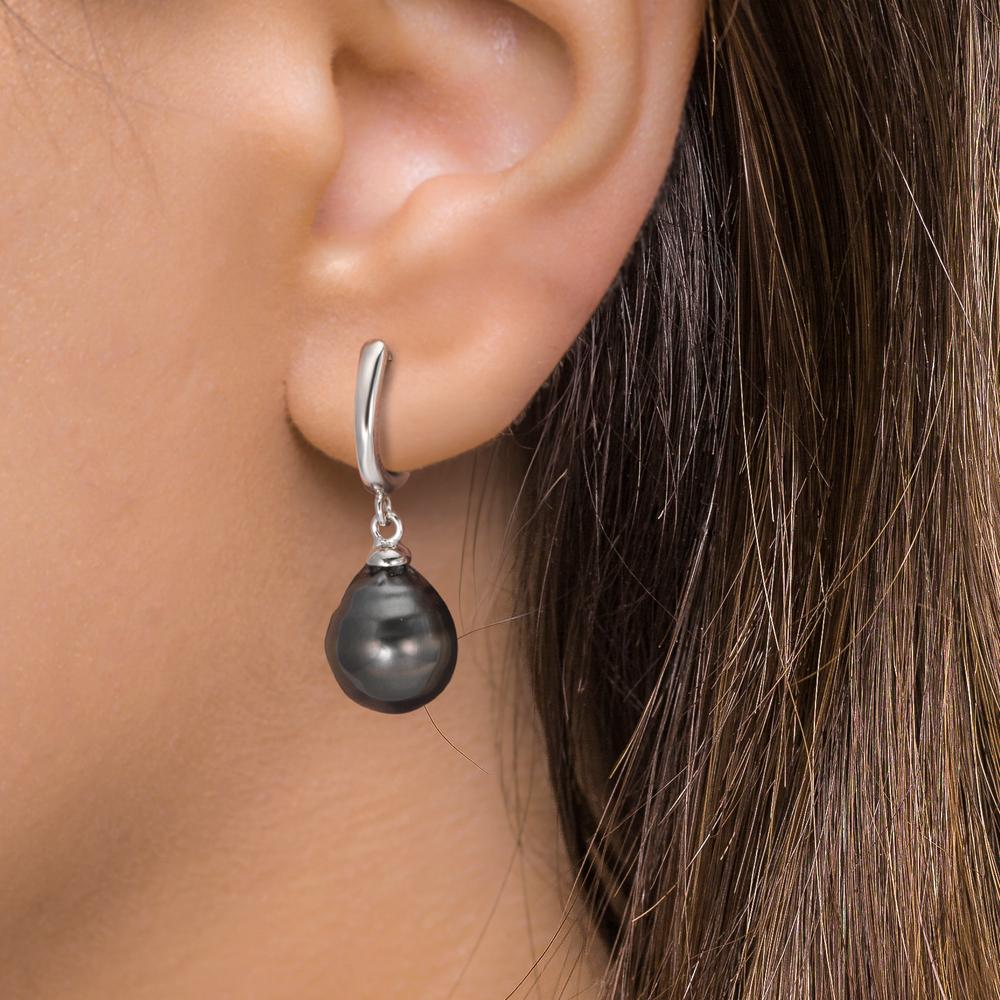 Hinged hoop Silver Rhodium plated Tahitian pearl, 2 Pearls 9-10 mm