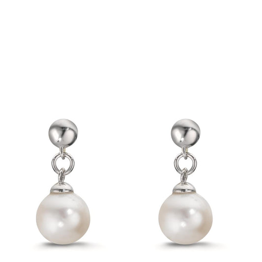 Drop Earrings Silver Rhodium plated Freshwater pearl, 2 Pearls, 6.5 mm