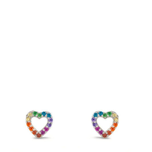 Stud earrings Silver Zirconia Rainbow-colored Rhodium plated Heart Ø6 mm