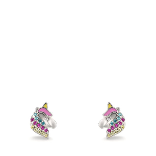 Stud earrings Silver Zirconia Colorful Rhodium plated Horse Ø7 mm