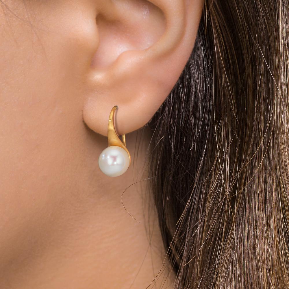 Drop Earrings 9k Yellow Gold Freshwater pearl, 2 Pearls, 8 mm