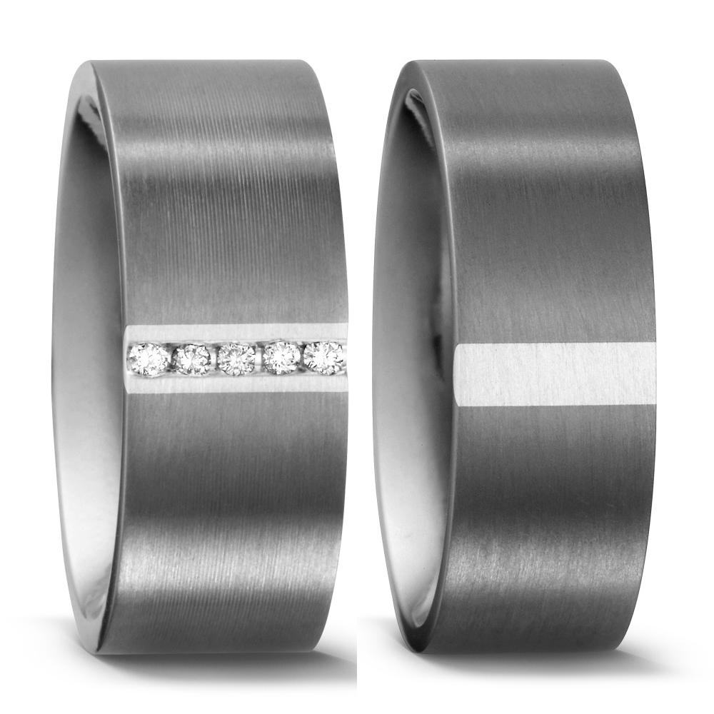 Wedding Ring Titanium, Silver Diamond 0.05 ct, 5 Stones, w-si