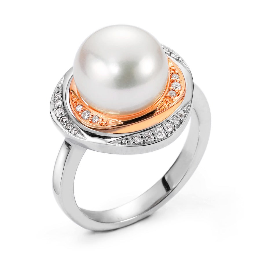 Ring 18k White Gold, 18k Red Gold Diamond 0.115 ct, 23 Stones, w-si Freshwater pearl White 10-11 mm