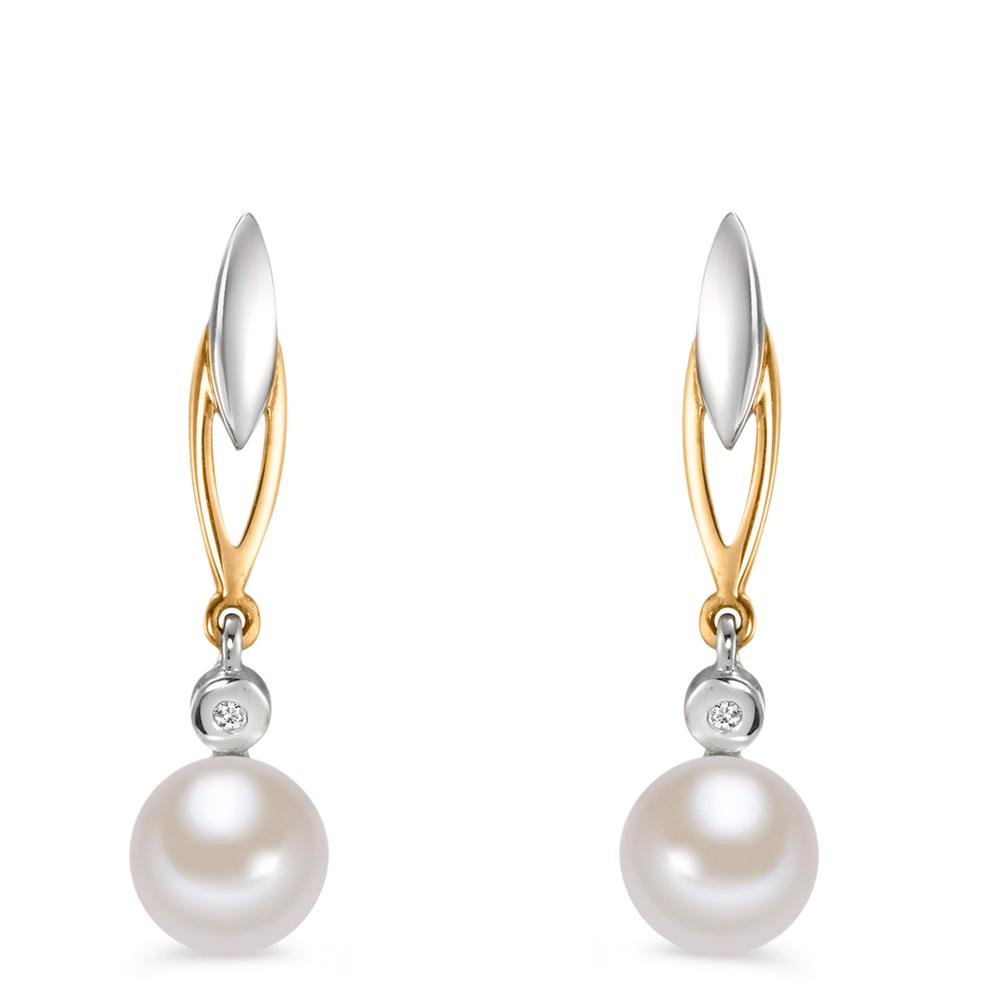 Drop Earrings 9k Yellow Gold Diamond 0.01 ct, 2 Stones, w-si Freshwater pearl White, 2 Pearls 6-6.5 mm