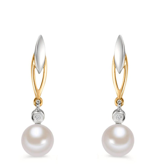 Drop Earrings 9k Yellow Gold Diamond 0.01 ct, 2 Stones, w-si Freshwater pearl White, 2 Pearls 6-6.5 mm