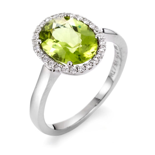 Ring 18k White Gold Peridot Green, Diamond 0.15 ct, 26 Stones, tw-vsi