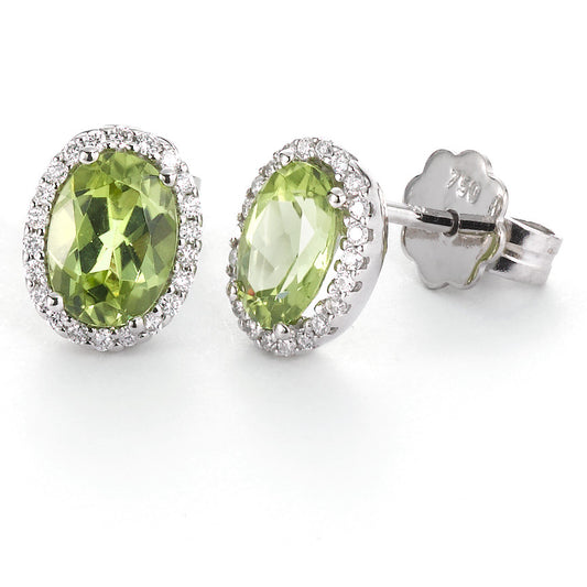 Stud earrings 18k White Gold Peridot Green, 2 Stones, oval, Diamond White, 0.18 ct, 44 Stones, tw-vsi