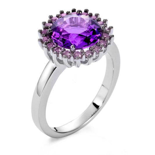 Ring 18k White Gold Amethyst Violet, Sapphire Violet, 18 Stones