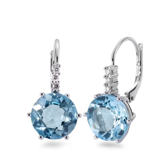 Drop Earrings 18k White Gold Topaz Blue, 2 Stones, Diamond 0.09 ct, 6 Stones, brilliant, w-si