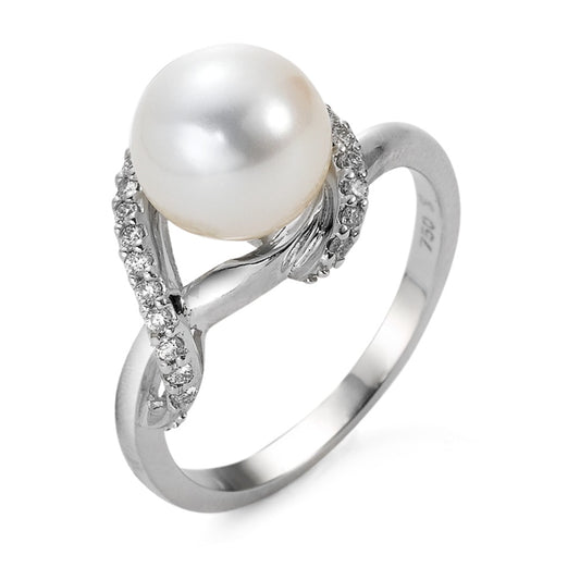 Ring 18k White Gold Diamond 0.20 ct, 23 Stones, w-si Freshwater pearl White, 9 mm