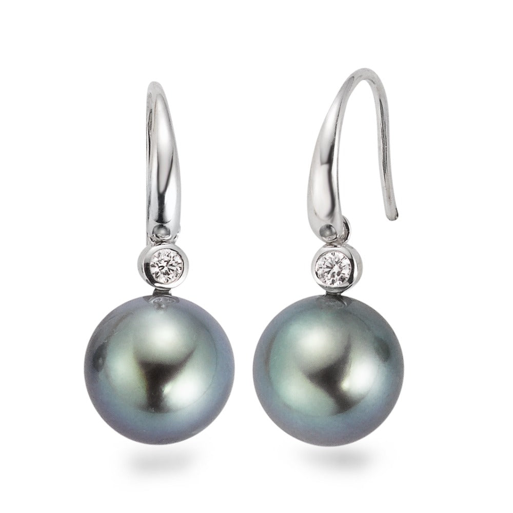 Drop Earrings 18k White Gold Diamond 0.09 ct, 2 Stones, w-si Tahitian pearl Gray, 2 Pearls, 10 mm