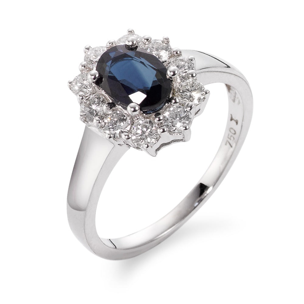 Ring 18k White Gold Sapphire Blue, 0.88 ct, Diamond 0.555 ct, 10 Stones, w-si