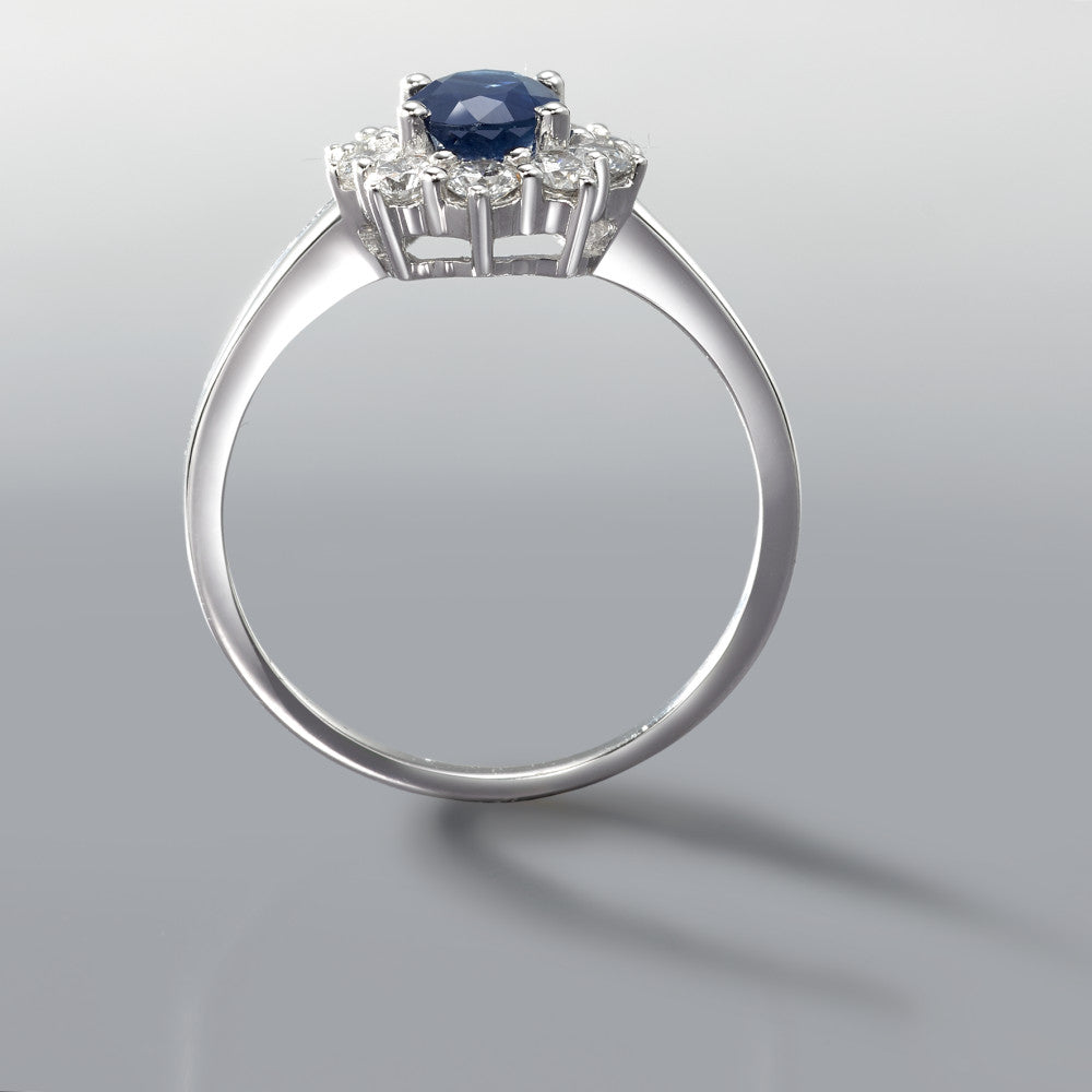 Ring 18k White Gold Sapphire Blue, 0.88 ct, Diamond 0.555 ct, 10 Stones, w-si