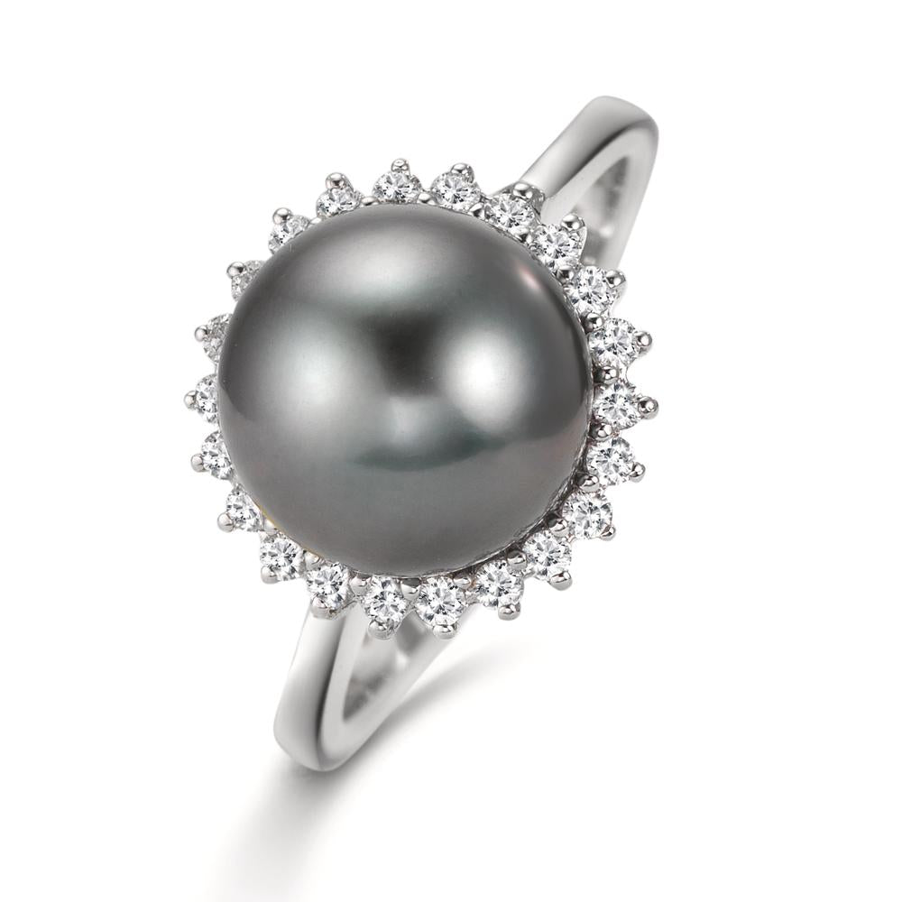 Ring 18k White Gold Diamond 0.27 ct, 22 Stones, w-si Tahitian pearl Gray, 10 mm