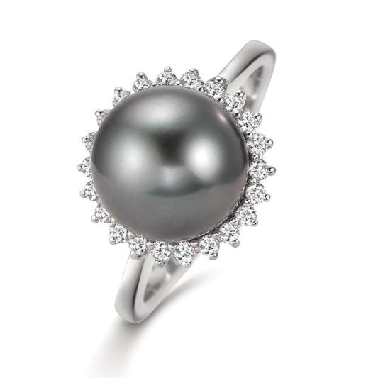Ring 18k White Gold Diamond 0.27 ct, 22 Stones, w-si Tahitian pearl Gray, 10 mm