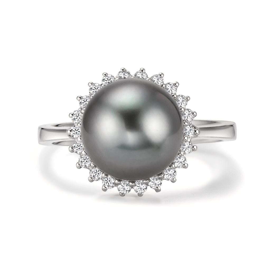 Ring 18k White Gold Diamond 0.27 ct, 22 Stones, w-si Tahitian pearl Gray, 10 mm
