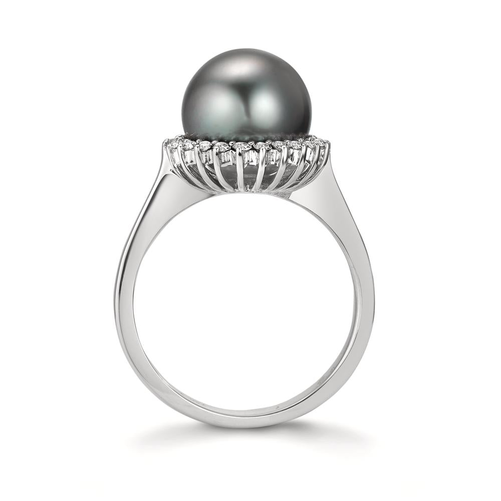 Ring 18k White Gold Diamond 0.27 ct, 22 Stones, w-si Tahitian pearl Gray, 10 mm