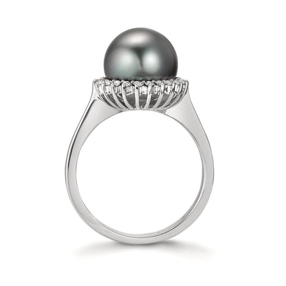 Ring 18k White Gold Diamond 0.27 ct, 22 Stones, w-si Tahitian pearl Gray, 10 mm