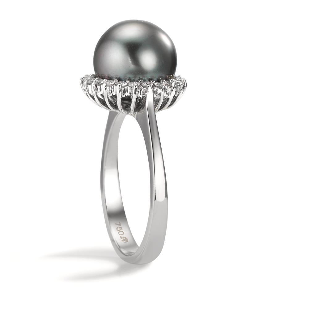 Ring 18k White Gold Diamond 0.27 ct, 22 Stones, w-si Tahitian pearl Gray, 10 mm