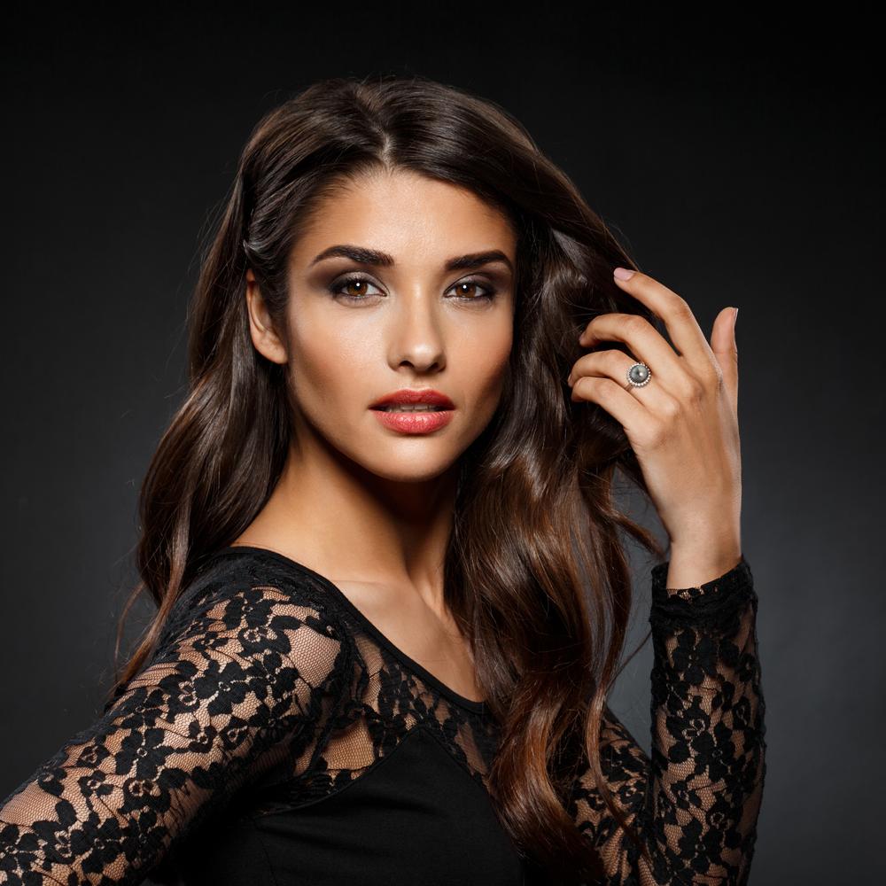 Ring 18k White Gold Diamond 0.27 ct, 22 Stones, w-si Tahitian pearl Gray, 10 mm