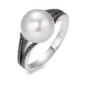 Ring 18k White Gold Diamond Black, 0.19 ct, 48 Stones, octagonal Freshwater pearl, 10.5 mm