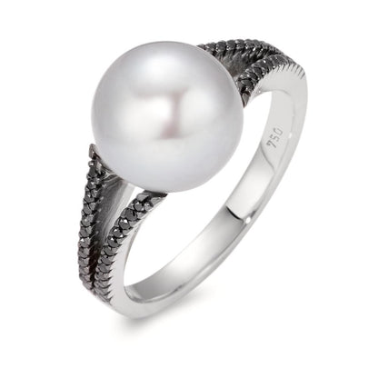 Ring 18k White Gold Diamond Black, 0.19 ct, 48 Stones, octagonal Freshwater pearl, 10.5 mm