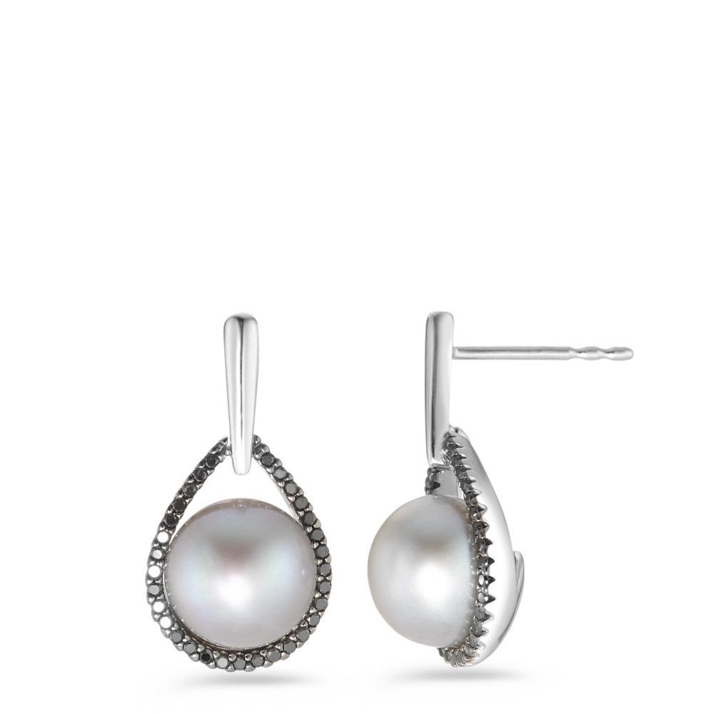 Drop Earrings 18k White Gold Diamond Black, 0.24 ct, 62 Stones, octagonal Freshwater pearl White, 2 Pearls, 8.5 mm