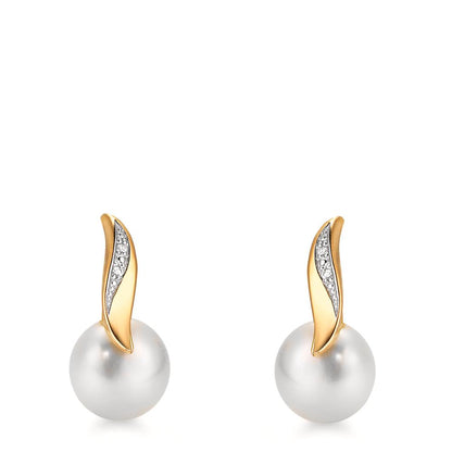 Stud earrings 18k Yellow Gold Diamond White, 0.10 ct, 2 Stones, brilliant, w-si Freshwater pearl White, 2 Pearls, 7 mm