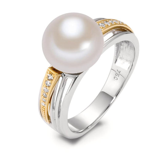 Ring 18k Yellow Gold, 18k White Gold Diamond White, 0.06 ct, 12 Stones, brilliant, w-si Freshwater pearl White 9.5-10 mm