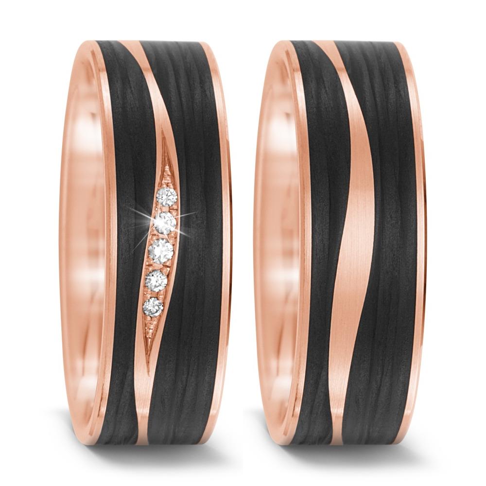 Wedding Ring 14k Rose Gold, Carbon Diamond 0.034 ct, 5 Stones, tw-si