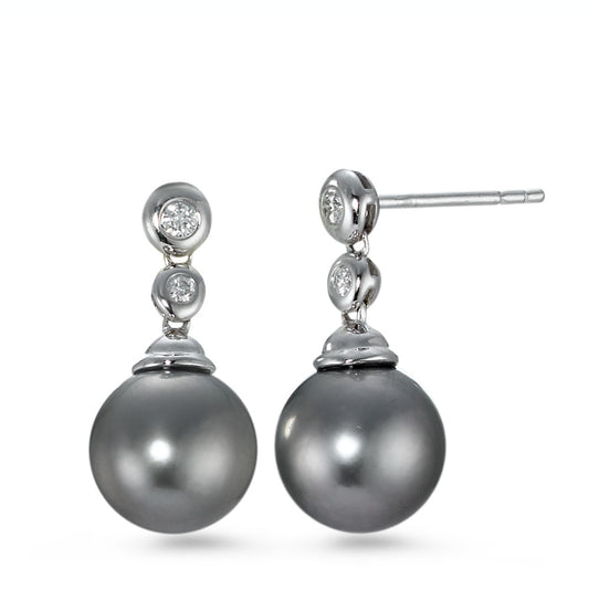 Drop Earrings 18k White Gold Diamond 0.09 ct, 4 Stones, w-si Tahitian pearl Gray, 2 Pearls, 10 mm