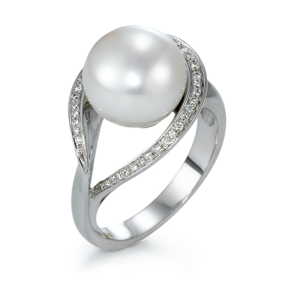 Ring 18k White Gold Diamond 0.13 ct, 40 Stones, w-si Freshwater pearl White, 11 mm