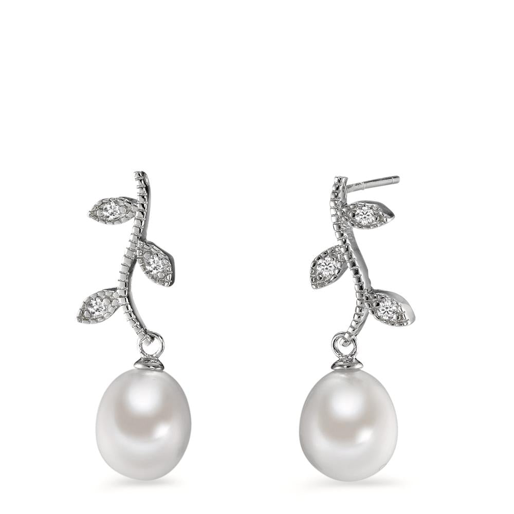 Drop Earrings Silver Zirconia 6 Stones Rhodium plated Freshwater pearl, 8.5 mm