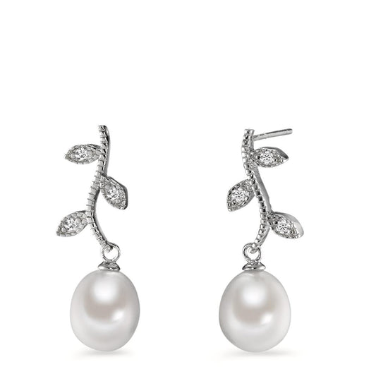 Drop Earrings Silver Zirconia 6 Stones Rhodium plated Freshwater pearl, 8.5 mm