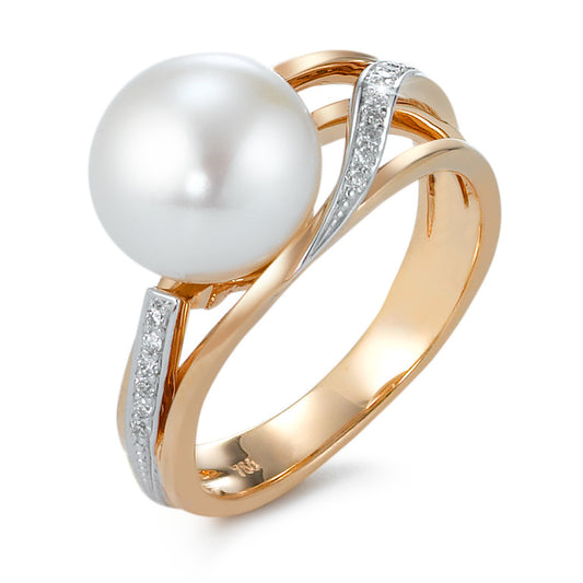 Ring 18k Red Gold Diamond 0.08 ct, 16 Stones, brilliant, w-si Freshwater pearl 9.5-10 mm