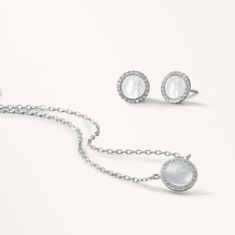 Stud earrings Silver Zirconia Rhodium plated Mother of pearl White Ø10 mm